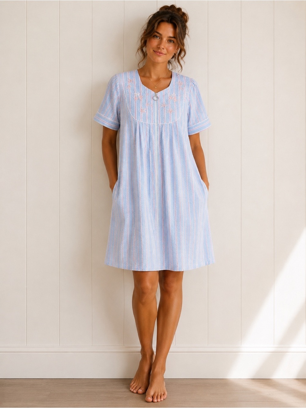 Miss Elaine Seersucker Nap Dress Embroidered Seersucker Stripe Cottagecore Small